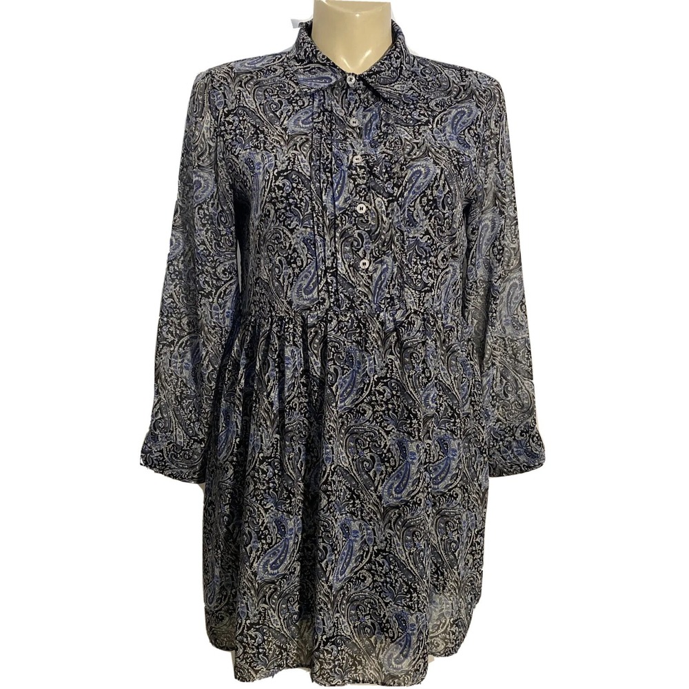 Simply Noelle Dress L XL (12 14) Blue White‎ Paisley Button Shirt Long Sl Collar